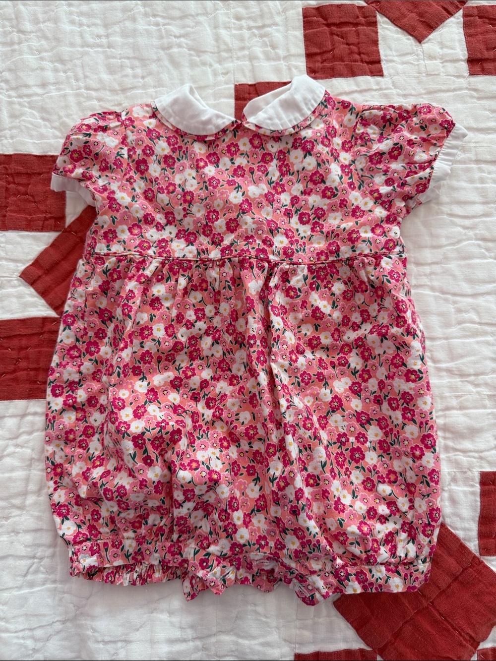 Rachel Riley Pink Floral Baby Bubble Romper with White Peter Pan Collar